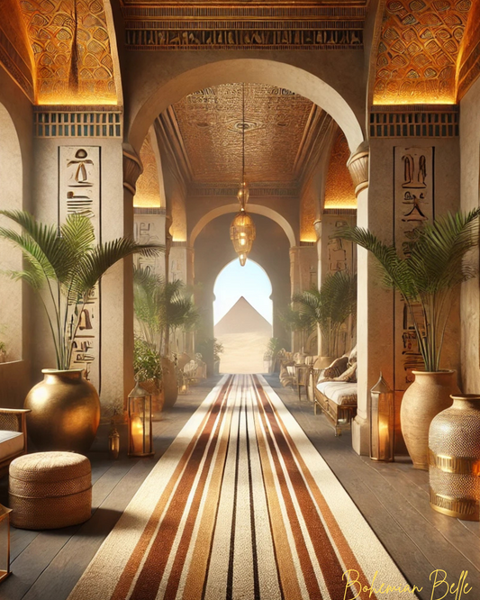 A luxurious corridor with Egyptian-inspired decor featuring golden pottery, lush plants, ornate hieroglyphic walls, and a striped carpet leading to a view of a pyramid in the distance. The warm lighting and intricate details evoke a sense of calm and opulence.