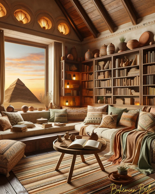 A cozy bohemian library featuring warm wooden shelves filled with books and pottery. The room is styled with soft cushions, artisanal throws, and a striped rug. A large window offers a stunning view of a pyramid at sunset, blending intellectual charm with ancient elegance.