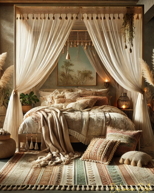 A cozy bedroom featuring a canopy bed with sheer drapes, soft pillows, textured throws, and a colorful bohemian rug. Decorated with pampas grass, pottery, and warm lighting, the room exudes tranquility and natural charm.