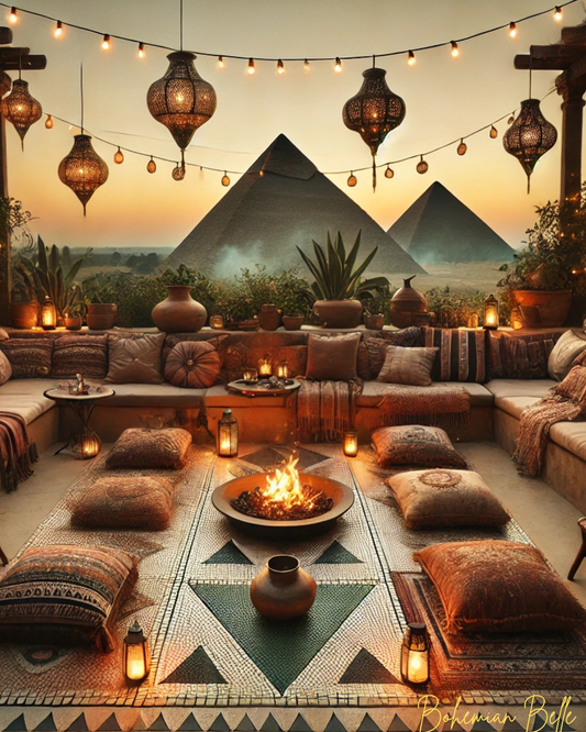 An outdoor bohemian lounge with plush seating, earthy-toned cushions, a central fire pit, mosaic tilework with pyramid-inspired patterns, hanging lanterns and string lights, lush greenery, and a stunning view of the pyramids at sunset.